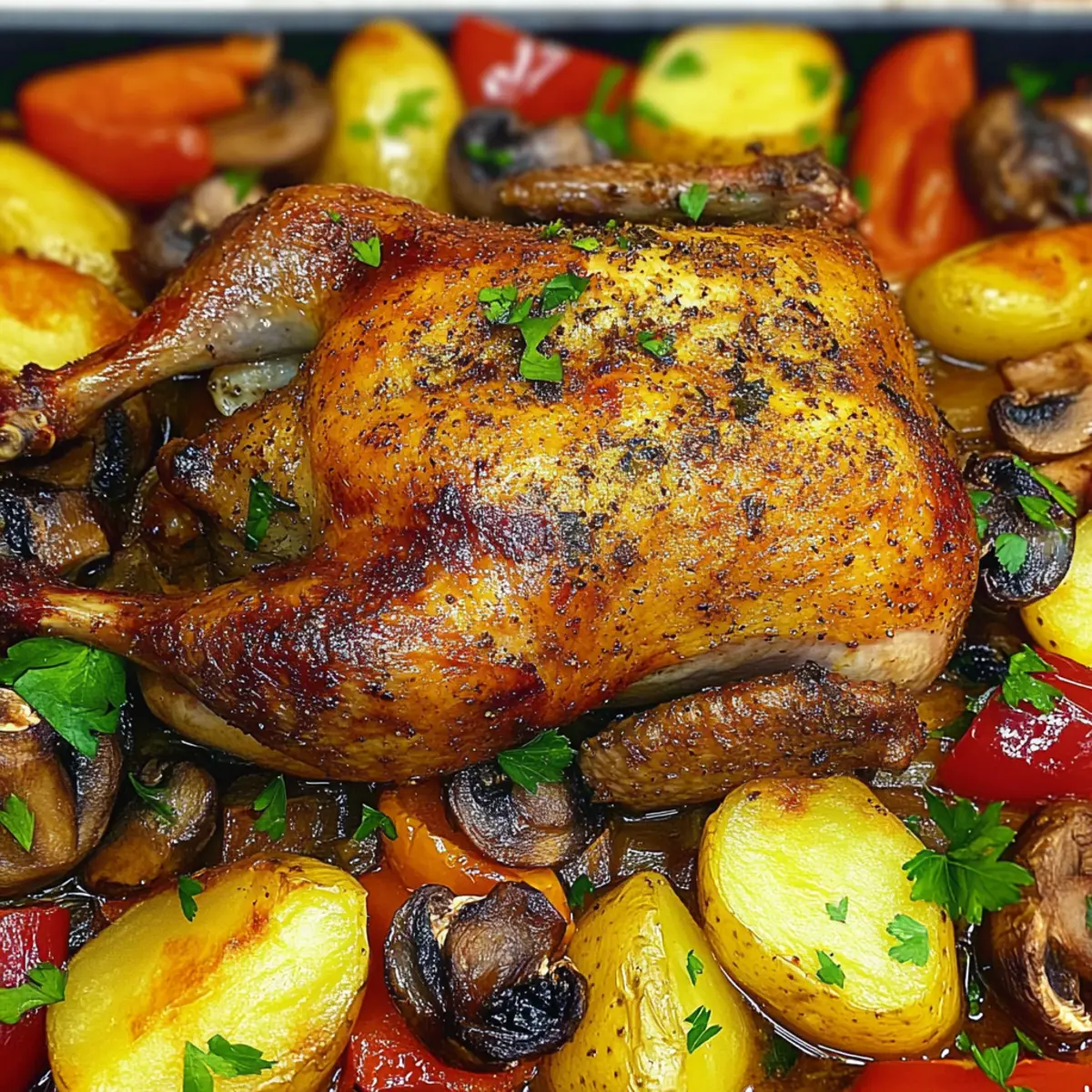 Roast Duck in Wine with Potatoes, Peppers and Mushrooms Bliss