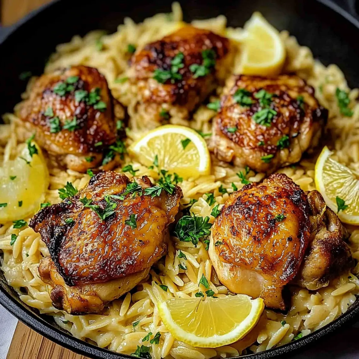 Savory Chicken Thighs and Creamy Lemon Garlic Orzo Delight