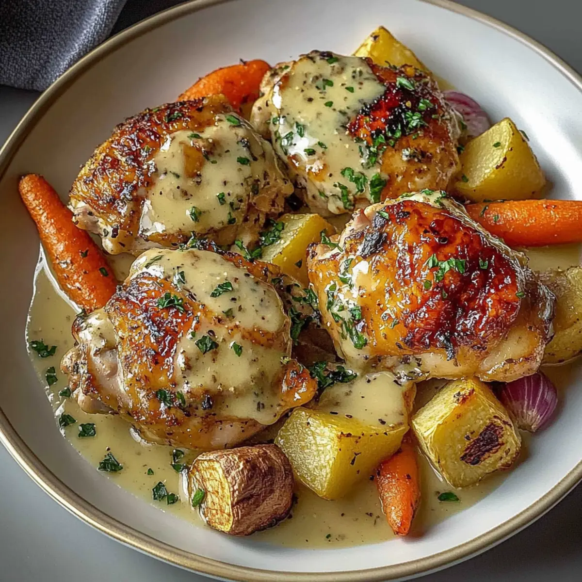 Cozy Baked Dijon Chicken Thighs with Root Veggies Delight