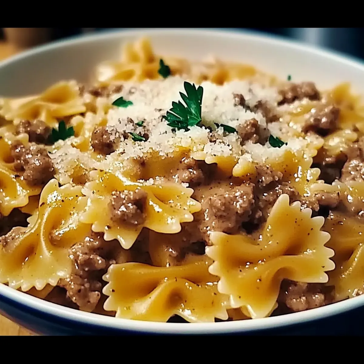 Creamy Garlic Parmesan Bowtie Pasta with Hearty Beef Bliss